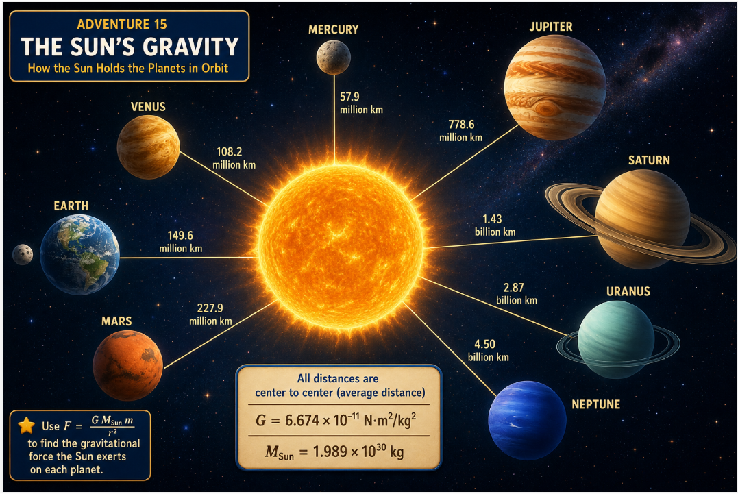 Adventure 15 diagram showing the Sun, planets, and center-to-center distances from the Sun